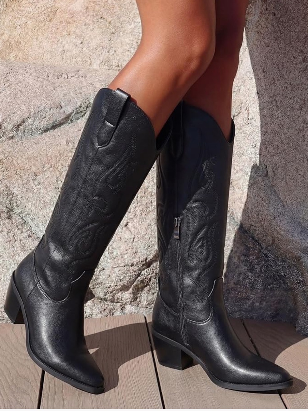 Women's Black Leather Western Knee-High Boots